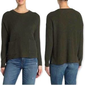 Madewell Patch Pockets Pullover Cropped Olive Green Ribbed Knit Sweater